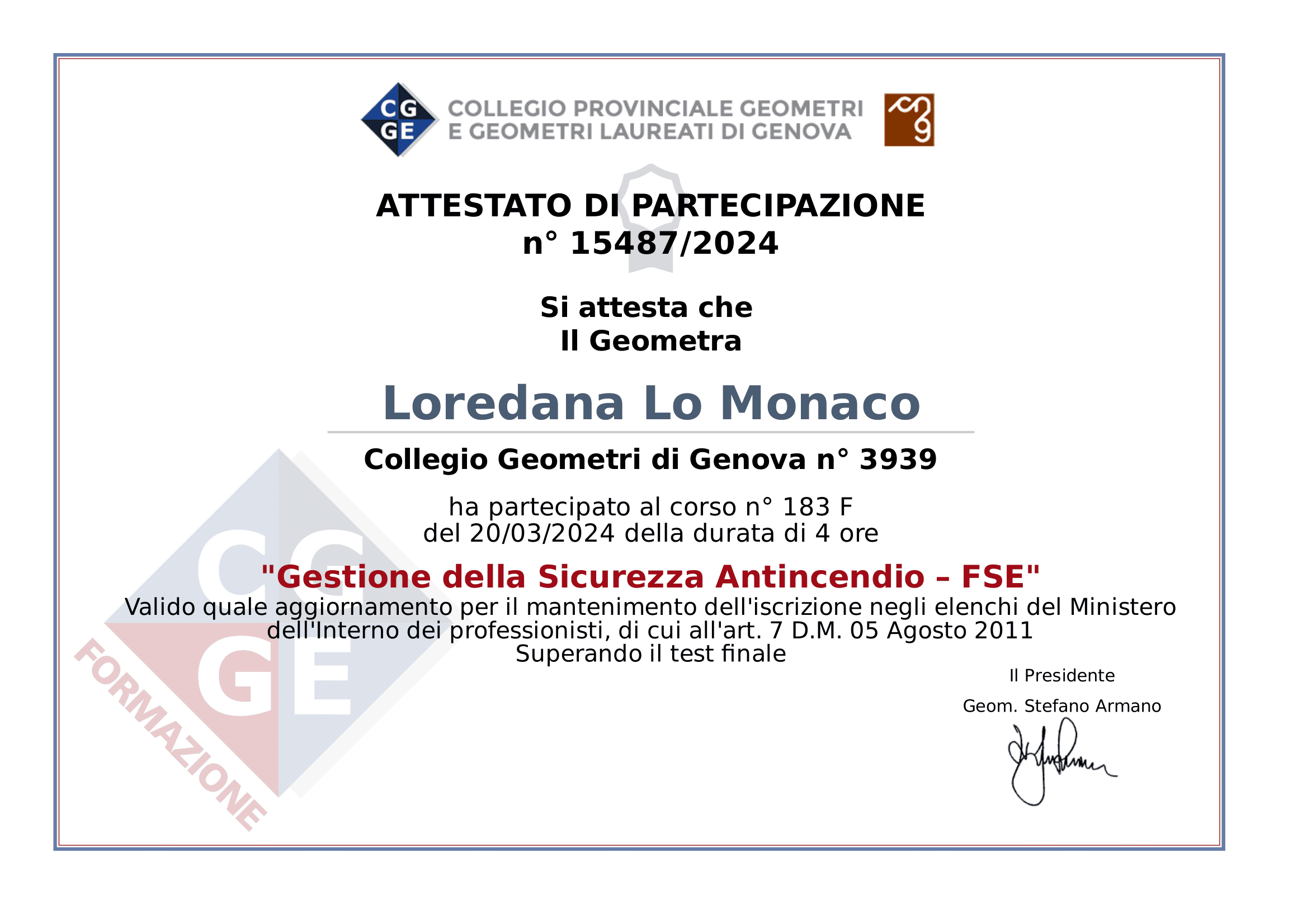 aggiornamento p.i. ingegneria antincendio 1 - Geometra Loredana Lo Monaco - Genova